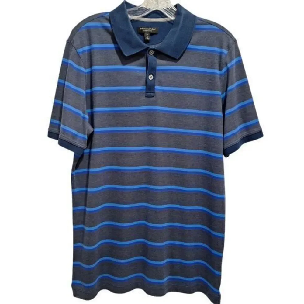 Banana Republic Luxury Touch Standard Fit‎ Polo Shirt Size L Gray Striped